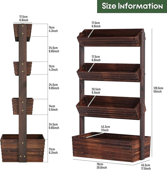 Vertical Wooden Raised Garden Bed, Garden Planters Freestanding Wood Plant Stand Flower Rack Wooden Planter Box for Plants Herbs Flowers Vegetables Outdoor Indoor Gardening (4-Tier Carbonized)
