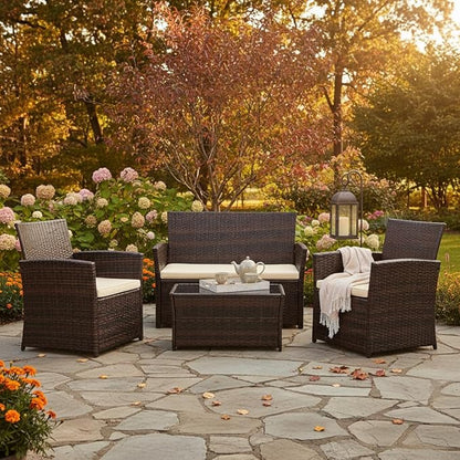 FHFO 4 Piece Outdoor Patio Furniture Sets, Wicker Conversation Sectional Set, Rattan Chairs with Table and Loveseat for Balcony Porch Backyard (Brown-Beige)