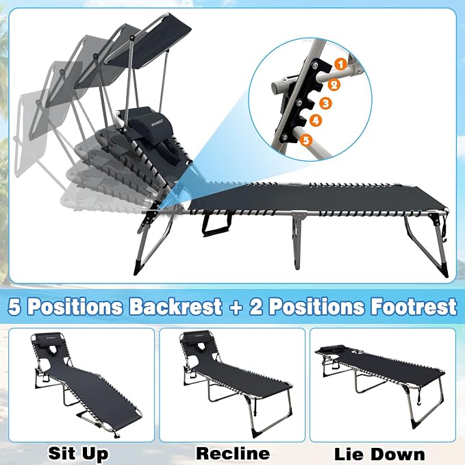 Outdoor Tanning Chair with Sun Canopy Shade & Face Hole, Folding Lounge Chair with Beach Table and Carry Bag for Poolside Sunbathing Lawn