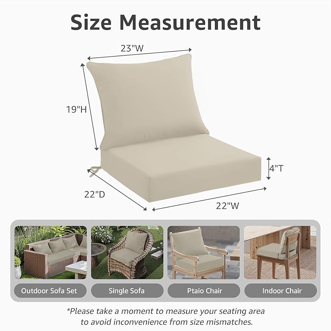 PatioGlow Outdoor Seat Cushion Set 22 x 22 x 4 Inch, Waterproof & Fade Resistant Patio Furniture Cushions with Removable Cover, Thick Deep Seating Pads for Outside Chair Sofa Couch