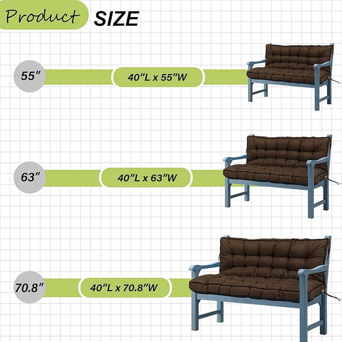 Swing Replacement Cushions with Backrest, 2 or 3 Seater Waterproof Non-Slip Overstuffed Swing Pad, Indoor/Outdoor Bench Cushion for Porch Chair Swing Garden Furniture (Brown, 40 * 63 in)