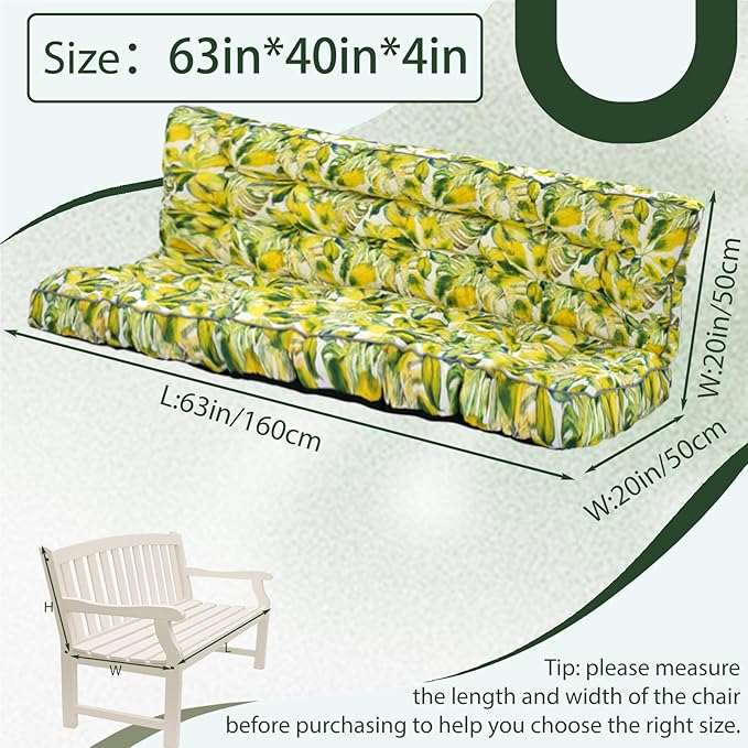 2/3 Seater Swing Replacement Cushion, Waterproof Porch Swing Cushions with Backrest, Thickened Bench Cushions for Outdoor Furniture, for Outdoor Patio Swing (Botanical Yellow, 63 * 40in)