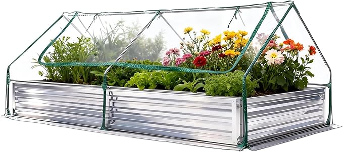 NEWBULIG 8x4x1ft Galvanized Raised Garden Bed with Greenhouse Cover, Outdoor Metal Planters Box for Planting Vegetables, Flowers & Herbs, Easy Assembly, Clear