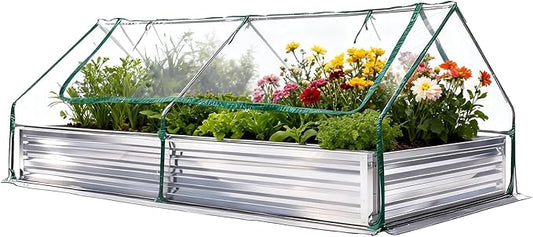 NEWBULIG 8x4x1ft Galvanized Raised Garden Bed with Greenhouse Cover, Outdoor Metal Planters Box for Planting Vegetables, Flowers & Herbs, Easy Assembly, Clear