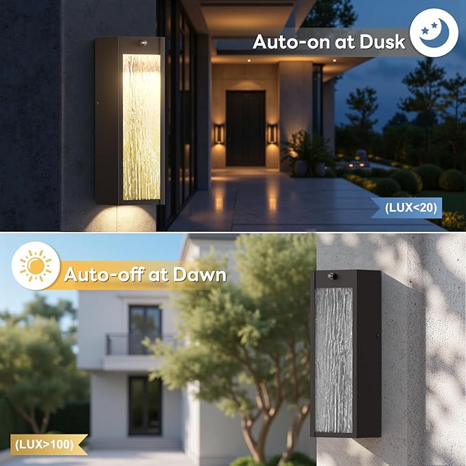 Dusk to Dawn LED Outdoor Wall Light 2 Pack, Bronze 15in Exterior Waterproof Porch Sconces, Large Modern Water Rippleed Outdoor Lighting Wall Mounted Outside Lantern for Garage Front Door