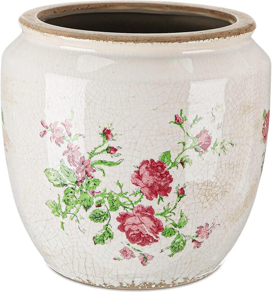 LemonRoad 7 Inch Large Vintage Ceramic Planter with Drainage Holes Ice Crackle Flower Vase Flower Pot with Vintage Rose Pattern for Indoor Outdoor Plants Garden Home Kitchen Office Shelf Decor