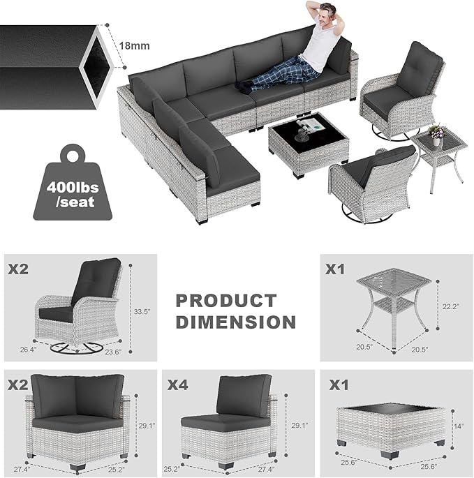 10-Piece Patio Furniture Set, Outdoor Patio Furniture with Swivel Chairs Set, Thick Cushions, Modular Patio Sofa, Dual-Strand Wicker Rattan, Rust-Resistant Frame, Black