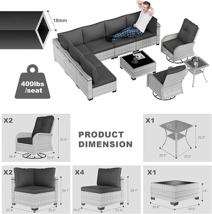 10-Piece Patio Furniture Set, Outdoor Patio Furniture with Swivel Chairs Set, Thick Cushions, Modular Patio Sofa, Dual-Strand Wicker Rattan, Rust-Resistant Frame, Black