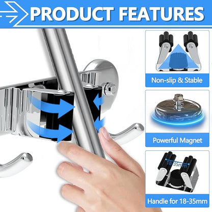3-H Magnetic Broom Holder Wall Mount 1 Pack, 2-in-1 Dual Mount (No Drill or Screw Fix), 304 Stainless Steel Heavy Duty Magnet Mop Broom Organizer for Kitchen Garden Garage(3 Racks & 4 Hooks,Silver)