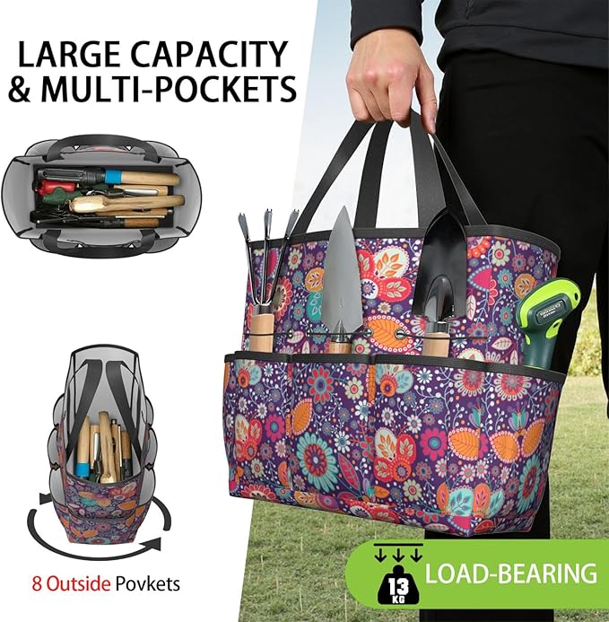 Paisley Garden Tool Bag - Waterproof Garden Tote with 8 Pockets, Large Storage Home Organizer Gardening Tool Oxford Bag for Garden Tools Kits Holder, Ideal Outdoor Gardening Gift for Women & Men