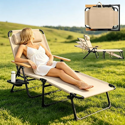 Folding Chaise Lounge Chair Outdoor, Folding Sun Lounger with 4-Position Reclining Back, Foldable Tanning Chair with Adjustable Headrest, Beach Lounge Chair for Poolside Backyard Camping (Beige)