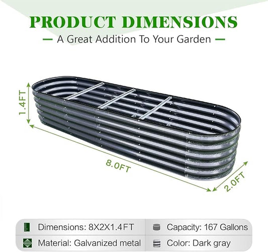 GrowHaus 8x2x1.4FT Galvanized Raised Garden Bed, Planter Boxes Outdoor Large Metal Garden Beds for Planting Vegetables Flowers Herbs Dark Gray