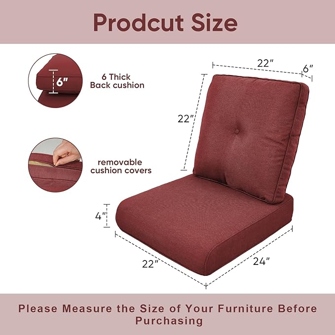 Patio Chair Cushions 5 Packs - Outside 22x24 High Back Water-Resistant Cushion with Zipper Cover for Outdoor Glider Rocking Chairs Loveseat 3-seat Couch Sofa – Red/Buckle
