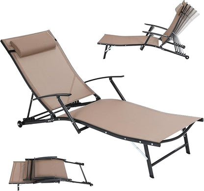 Nice C Patio Chaise Lounge with Wheel, Outdoor Lounge with Armrest for Pool, 5 Reclining Positions, with Rolling Wheel for Poolside, Beach, Backyard, Patio (1 Pack, Beige)