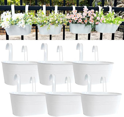 12" Balcony Railing Planters, Outdoor Hanging Planter for Fence, Stylish Metal Porch Deck Flower Pot for Herbs & Succulents (White, Pack of 6)