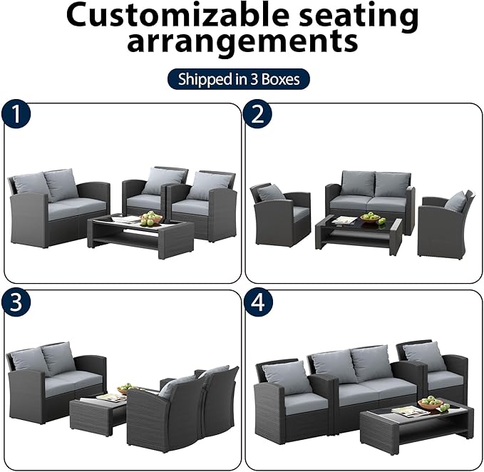 4 Piece Patio Furniture Set,Outside Rattan Sectional Sofa,Wicker Conversation Set with Cushion and Glass Coffee Table,Wicker Sofa Ideal for Garden,Porch,Grey