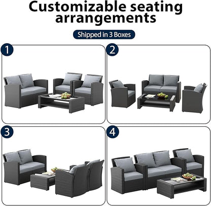 4 Piece Patio Furniture Set,Outside Rattan Sectional Sofa,Wicker Conversation Set with Cushion and Glass Coffee Table,Wicker Sofa Ideal for Garden,Porch,Grey