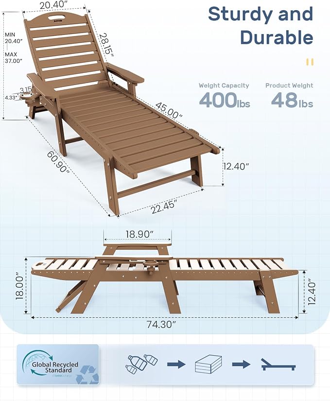 Chaise Lounge for Outdoor, Patio Lounge Chairs for Outside, Chaise Lounge Chair with 6 Positions, HDPE Lounge Chair with Cup Holder for Pool Poolside Deck Backyard Lawn, Teak