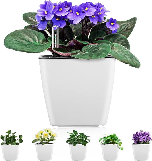 Self Watering Planters for Indoor Plants, 5.2 Inch 6 Pack Square Plastic Plant Pots with Water Level Indicator & Drainage System for African Violet Herbs Succulents - White