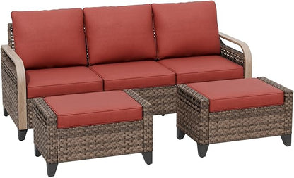 COOS BAY Modern Wicker Outdoor Furniture Set, Patio Conversation Set with 3 Seat Couch, and Ottomans, 3 Piece, Brown/Red