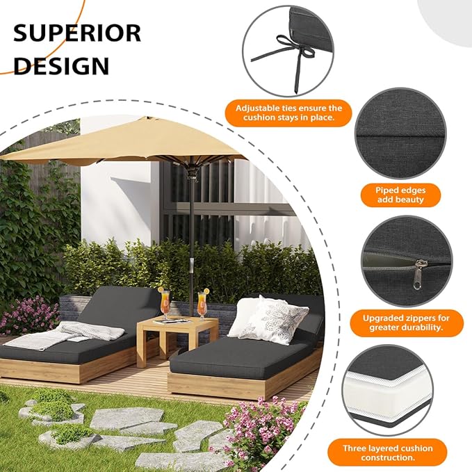 Sundale Outdoor Olefin Chaise Lounge Cushion Set of 2, Water-Resistant Patio Lounge Chair Cushion, Thick Lounger Pad with 4 Straps Dark Gray, 80 x 26 x 4 Inches