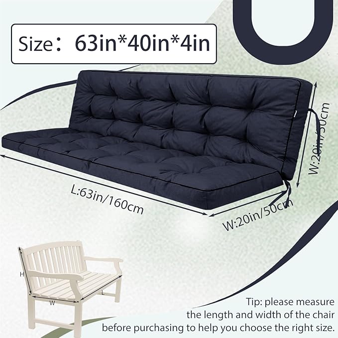 2/3 Seater Swing Replacement Cushion, Waterproof Porch Swing Cushions with Backrest, Thickened Bench Cushions for Outdoor Furniture, for Outdoor Patio Swing (Navy Blue, 63 * 40in)