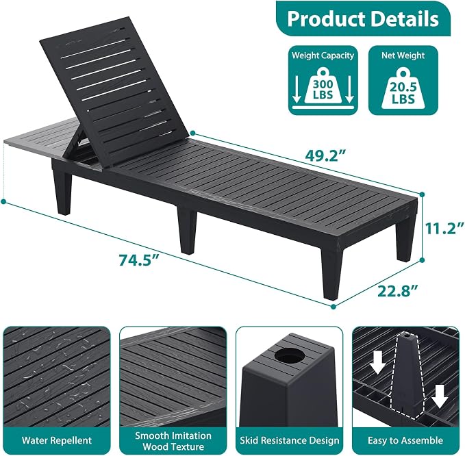 Outdoor Lounge Chairs Set of 4 for Poolside Patio, Weather-Resistant Pool Chaise Lounge with Adjustable Backrest, Resin Tanning Chair Sun Lounger for Outside Deck, Beach, Sunbathing, Black