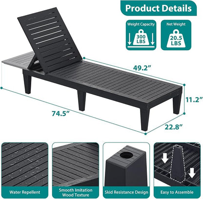 Outdoor Lounge Chairs Set of 2 for Poolside Patio, Weather-Resistant Pool Chaise Lounge with Adjustable Backrest, Resin Tanning Chair Sun Lounger for Outside Deck, Beach, Sunbathing, Black