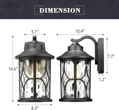 zeyu 14.6 Inch Outdoor Porch Light, Farmhouse 1-Light Outdoor Wall Sconce, Die-Cast Aluminum in Black Finish, Clear Water Ripple Glass, ZX48MB-WG BK
