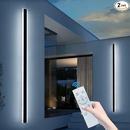2 Pack Modern Outdoor Wall Light, 71inch LED Long Linear Wall Sconce Dimmable 3000K-6000K, IP65 Waterproof, Exterior Wall Mount Lighting for House, Porch, Patio, Yard, Garage with Remote Control