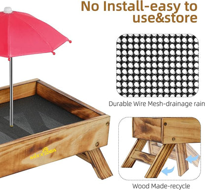 Ground Bird Feeder for Outdoors Bird&Squirrel Feeder Wooden Chicken Picnic Table Platform Feeder Wild Bird Feed Crow Feeder for Outside with 5 LBS Capacity (Brown)