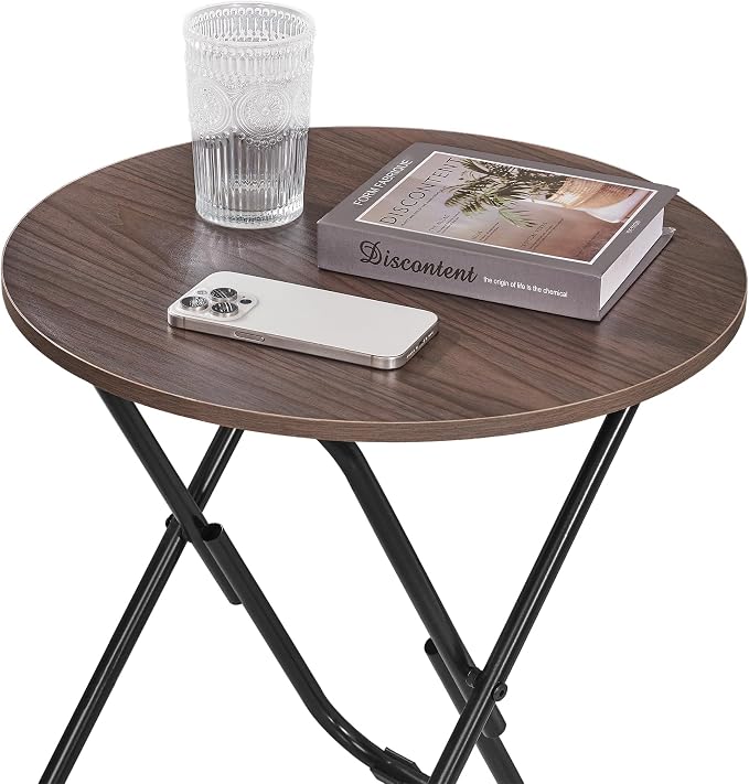 VECELO 17.7" Small Folding Table, Round Patio Outdoor Side Snack Table, Waterproof Wood End Table with Anti-Rust Metal Legs for Living Room Bedroom Garden Yard Balcony Porch