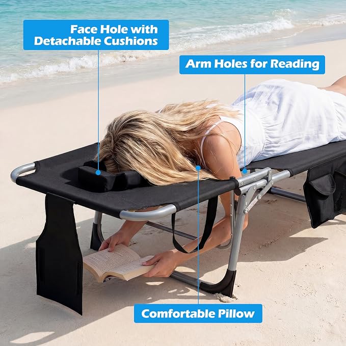 GYMAX Tanning Chair with Face Hole, Sun Bathing Lounge Chairs for Outside with Side Pocket, Folding Portable Face Down Layout Tanning Chair Beach, Backyard, Poolside, Lawn (Black,1)