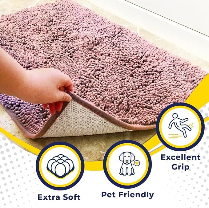 Muddy Mat® | Super Water Absorbent Door Mat Indoor, Microfiber Quick Dry Chenille Entryway Rug, Slip Resistant Front Door Mat, Indoor Mats for Entryway, Machine Washable Pet Rug, Pink 3ft x 8ft