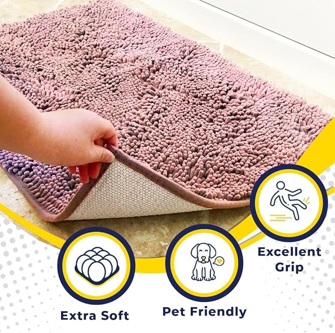 Muddy Mat® | Super Water Absorbent Door Mat Indoor, Microfiber Quick Dry Chenille Entryway Rug, Slip Resistant Front Door Mat, Indoor Mats for Entryway, Machine Washable Pet Rug, Pink 26" x 42"