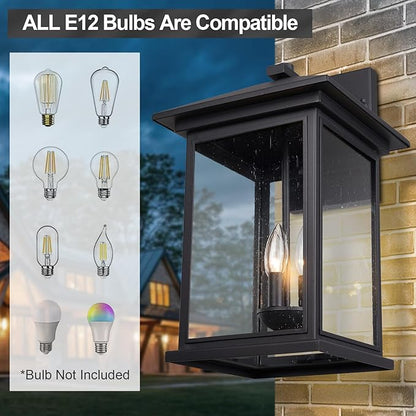 Treekee Large Outdoor Wall Light Fixture, 20 Inch Square Wall Lantern, 3- Light Exterior Sconce Lights, Porch Mount Lighting with Seeded Glass, Modern Black Lamps for Patio Front Door Entryway