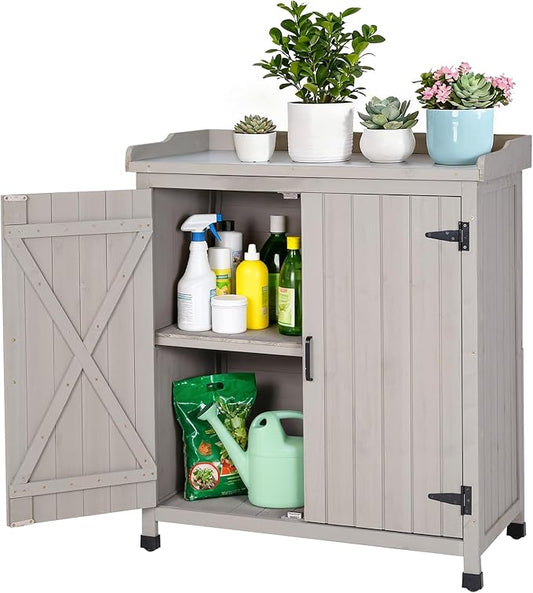 Outdoor Storage Cabinet with Metal Work Top|Waterproof Wooden Potting Bench|Spacious Patio Cabinet with Raised Side Rail for Garden Tools, Backyard,Lawn Gardening|Gray Outdoor Cabinet