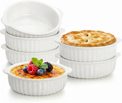 14 oz Porcelain Ramekins Oven Safe, 6 Pack Large Ceramic Creme Brulee Souffle Baking Dishes with Handle, 5 Inch French Onion Soup Bowls for Ramen, Stew, Lava Cakes, Pot Pie, White