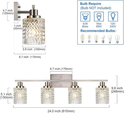 MELUCEE 4 Lights Brushed Nickel Vanity Light Modern Bathroom Light Fixtures with Hammered Glass Shade, Indoor Metal Wall Lights for Powder Room Hallway Kitchen, E26 Base