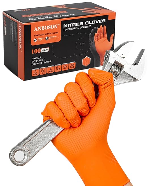10mil Nitrile-Gloves Disposable-Orange Chemical-Resistant Rubber - Mechanic Gloves Heavy Duty, Latex Free, Diamond Grip (100, Medium)