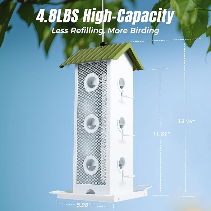 Squirrel-Proof Bird Feeder for Outdoors Hanging | 14-Port Multi-Bird Viewing | All Metal, Waterproof & Easy-Clean | Attracts Cardinals, Finches, Chickadees & More (Crisp White & Green)