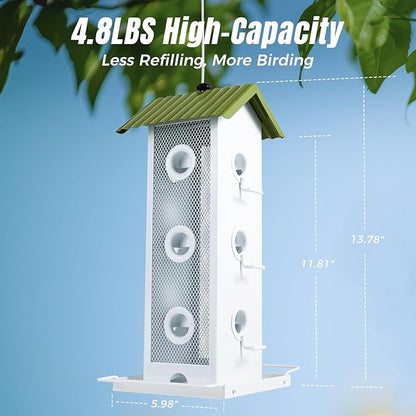 Squirrel-Proof Bird Feeder for Outdoors Hanging | 14-Port Multi-Bird Viewing | All Metal, Waterproof & Easy-Clean | Attracts Cardinals, Finches, Chickadees & More (Crisp White & Green)