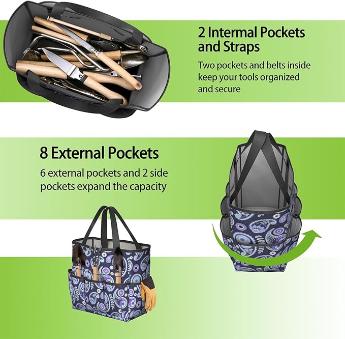 Paisley Garden Tool Bag - Waterproof Garden Tote with 8 Pockets, Large Storage Home Organizer Gardening Tool Oxford Bag for Garden Tools Kits Holder, Ideal Outdoor Gardening Gift for Women & Men