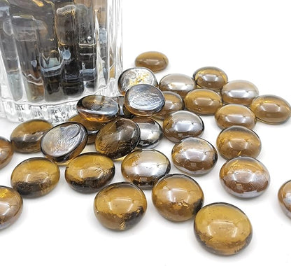 Flat Glass Marbles 1 Pound Vase Filler Fire Pit Glass Pebbles for Indoor Plants, Aquarium Fish Tank Decorations, Home Decor, Fire Pit, Landscaping, Arts Crafts (Amber)