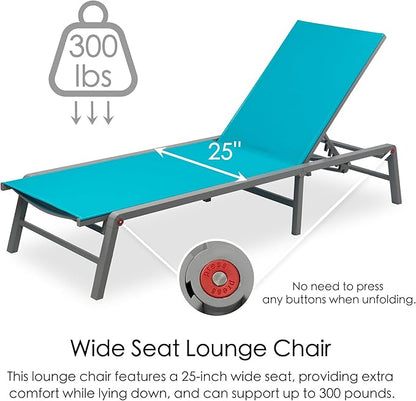 Kozyard 2 Packs Lounge Chair Outdoor Foldable Lounge Chair with 5 Adjustable Backrest Patio Lounger, Assemble-Free, Recliner and Full Flat Chairs for Patio Beach Pool (2 Aqua Textilence W/O Table)