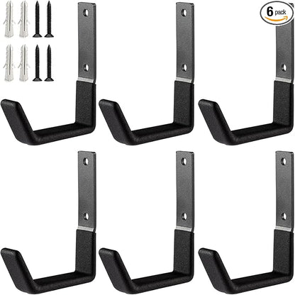 Heavy Duty Wall Mount Hooks - 6 Pack, Small, Organizer with U Hooks Hangers for Garden Hose, Tools & More