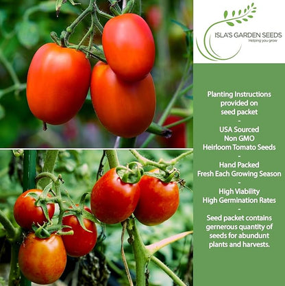 Roma Heirloom Tomato Seeds for Planting – 300+ Non-GMO Seeds, Botanical Name: Solanum lycopersicum, 90% Germination Rate, Classic Paste Tomato for Sauces & Canning, by Isla’s Garden Seeds, Gift Idea