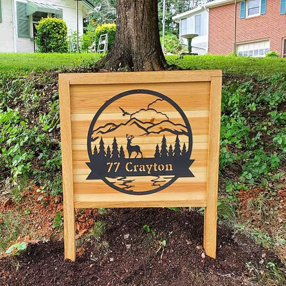 RealSteel Personalized Metal Wall Art - Circular Nature Scene with Mountains, Lake, Deer & Bird - Custom Name on Banner - Outdoor Landscape Decor for Home & Gifts - Black, 30"