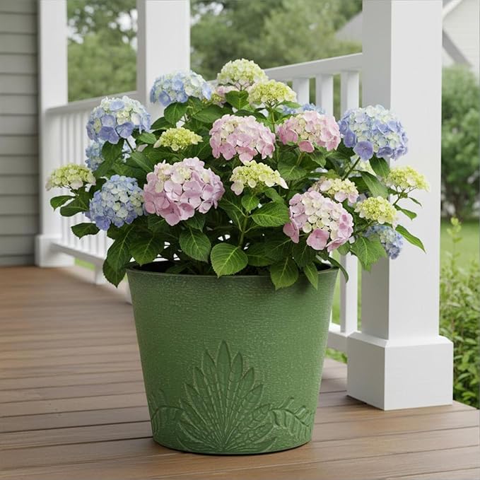 GreenShip 15 inch Large Planters, Set of 2 Relief Planters - Recycled Resin & Stone Composite Flower Pots - Weather Resistant Lightweight Garden Pots for Indoor Outdoor Plants (Olive)