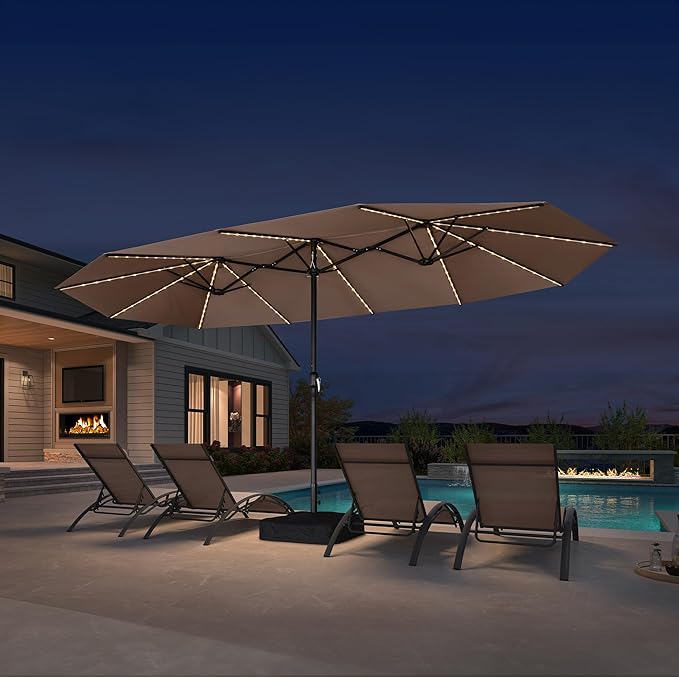 PURPLE LEAF 15ft Patio Market Umbrella with Solar LED and Base Double-Sided Rectangle Outdoor Table Sun Umbrellas with Crank for Pool Beach Deck Backyard Taupe